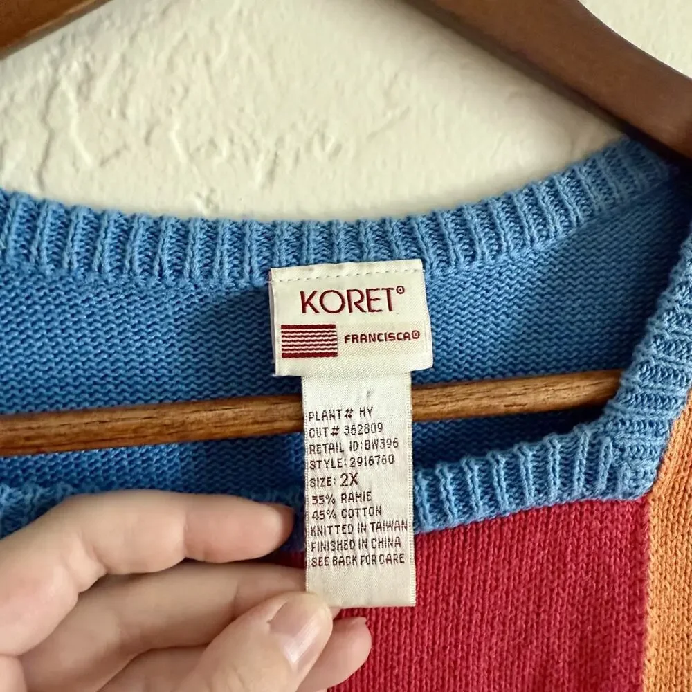 Vintage 90s Koret Size 2X Sweater - Short Sleeve Multicolor Embroidery Knit